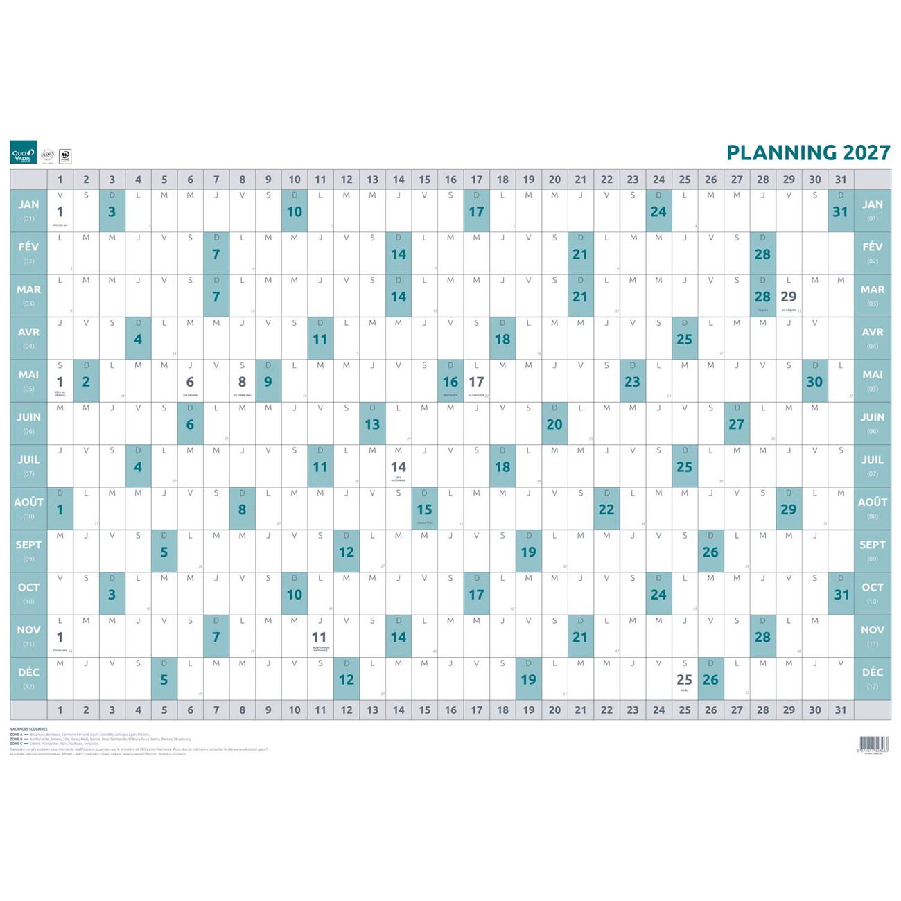 Quo Vadis Planning annuel souple effaçable à sec - 90 x 63 cm - 2027
