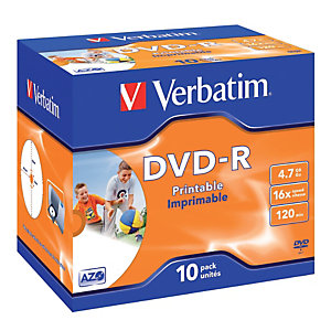 10 bedrukbare DVD-R 4,7 GB Verbatim AZO 16x