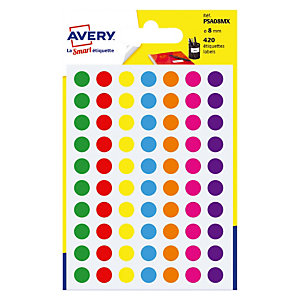 10 Etuis de 420 pastilles adhésives couleur diamètre 8 mm, 7 coloris assortis