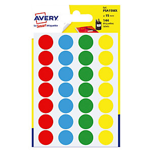 10 étuis de 144 pastilles adhésives couleur diamètre 15 mm, 4 coloris assortis
