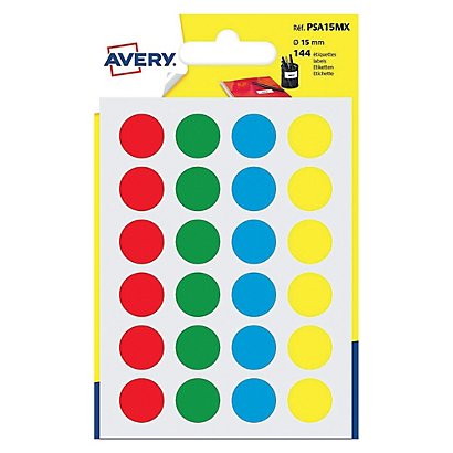 10 étuis de 144 pastilles adhésives couleur diamètre 15 mm, 4 coloris assortis - 1