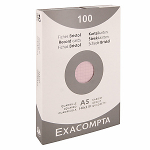100 geruite bristol kaarten 12,5 x 20 cm Exacompta kleur rozel, per doos 100 geruite bristol kaarten 12,5 x 20 cm Exacompta kleur rozel, per doos