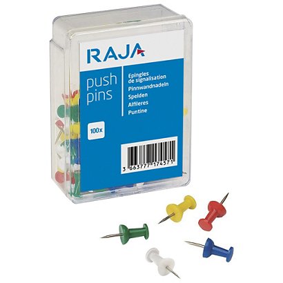 100 punaises épingles de signalisation Raja, pointe 0,7 mm, coloris assortis, la boite