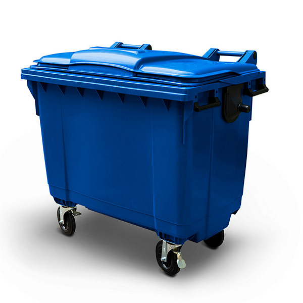 1100 litre 4 wheeled wheelie bin, flat lid, blue - 1