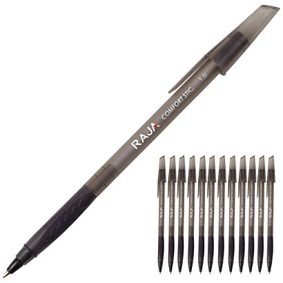 12 stylos à bille Confort Stic Raja, pointe 1 mm, coloris noir, le lot