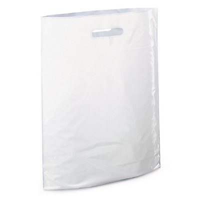 200 sacs plastique blanc à poignées découpées et à soufflet de fond RAJA, 100% recyclé, 300 x 80 x 400 mm