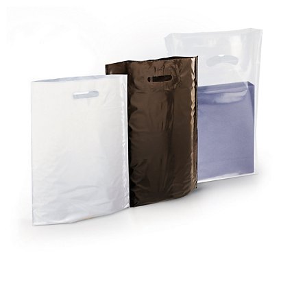 200 sacs plastique blanc à poignées découpées et à soufflet de fond RAJA, 100% recyclé, 350 x 80 x 450 mm