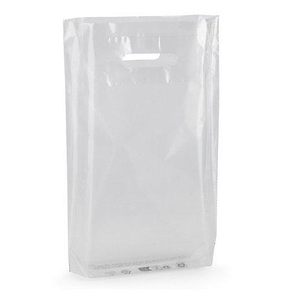 200 sacs plastique transparent à poignées découpées et à soufflet de fond RAJA, 100% recyclé, 300 x 80 x 400 mm