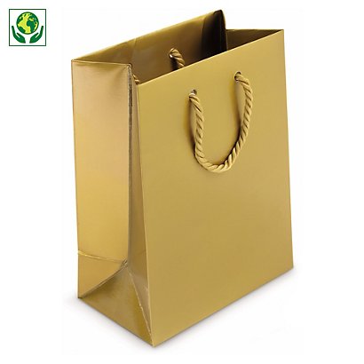 25 bolsas de papel charol oro con asas de cordón 19x27x10cm  - 1