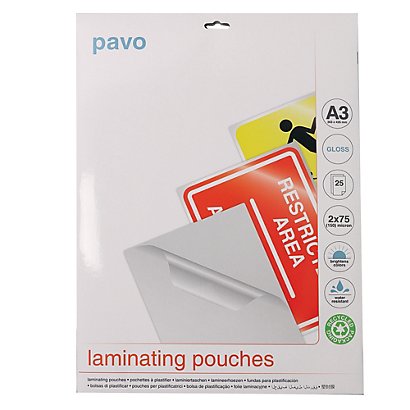 25 pochettes de plastification à chaud 2 x 75 microns format A3 Pavo, le sachet - 1