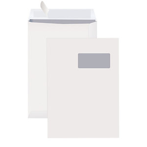 250 enveloppes Raja, vélin extra-blanc, 90G, bande auto-adhésive, avec fenêtre, 229 x 324 mm