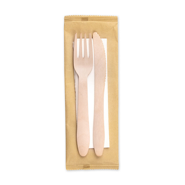 250 kit forchetta + coltello + tovagliolo in legno naturale - 1