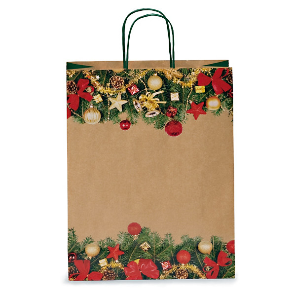 50 buste shopper natalizie in carta kraft con maniglie ritorte 32x41x13cm - 1