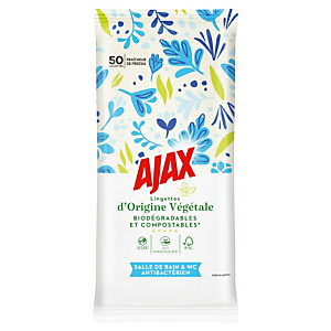 50 lingettes antibactériennes Ajax salle de bain & WC, soit 25 lingettes extra-larges 50 lingettes antibactériennes Ajax salle de bain & WC, soit 25 lingettes extra-larges