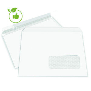 500 enveloppes blanches Raja, 90G, bande auto-adhésive, avec fenêtre, 162x229