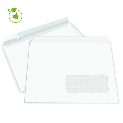 500 enveloppes blanches Raja, 90G, bande auto-adhésive, avec fenêtre, 162x229
