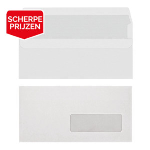 500 voordelige witte zelfklevende enveloppen 110 x 220 mm met venster 35 x 100 mm