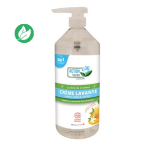 Action Verte Savon crème lavante mains, corps et cheveux à la glycérine et fleur de sureau bio - Flacon 1L
