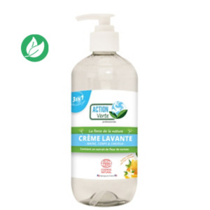 Action Verte Savon crème lavante mains, corps et cheveux à la glycérine et fleur de sureau bio - Flacon 500ml