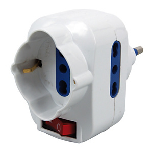 Adattatore ruotabile triplo con interruttore 2 prese 10/16A + una 10A/16A/SCHUKO Adattatore ruotabile triplo con interruttore 2 prese 10/16A + una 10A/16A/SCHUKO