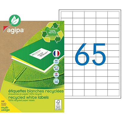 AGIPA 101185 Etiquettes blanches recyclées multi-usage 38 x 21,2 mm - Boîte de 6500 - 1