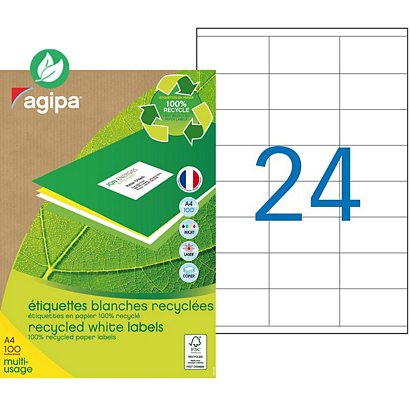 AGIPA 101186 Etiquettes blanches recyclées multi-usage 70 x 35 mm - Boîte de 2400 - 1