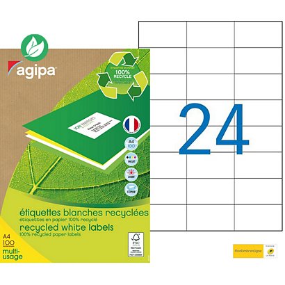 AGIPA 101187 Etiquettes blanches recyclées multi-usage 70 x 37 mm - Boîte de 2400 - 1