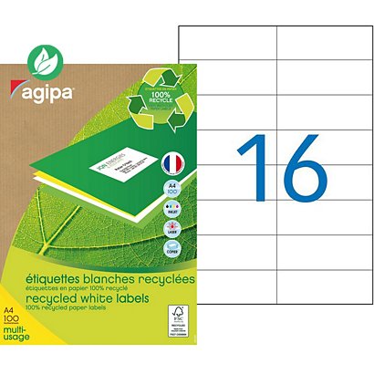 AGIPA 101190 Etiquettes blanches recyclées multi-usage 105 x 37 mm - Boîte de 1600 - 1
