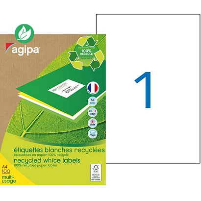 AGIPA 101195 Etiquettes blanches recyclées multi-usage 210 x 297 mm - Boîte de 100 - 1