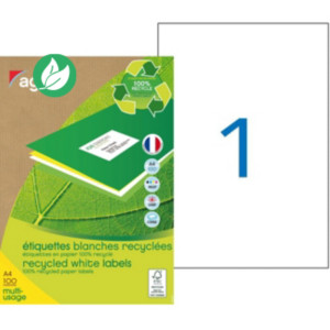 AGIPA 101195 Etiquettes blanches recyclées multi-usage A4 210 x 297 mm - Boîte de 100 AGIPA 101195 Etiquettes blanches recyclées multi-usage A4 210 x 297 mm - Boîte de 100