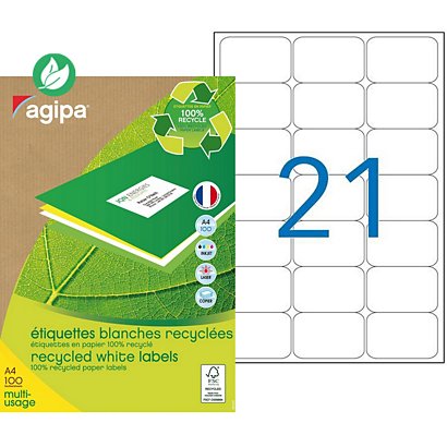 AGIPA 102646 Etiquettes blanches recyclées multi-usage 63,5 x 38,1 mm - Boîte de 2100 - 1