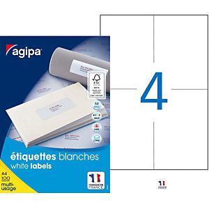 AGIPA Étiquettes adhésives blanches multi-usages, 105 X 148.5 mm - 400 étiquettes par boîte, 4 étiquettes par feuille