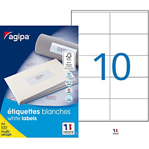 AGIPA Étiquettes adhésives blanches multi-usages, 105 X 57 mm - 1000 étiquettes par boîte, 10 étiquettes par feuille AGIPA Étiquettes adhésives blanches multi-usages, 105 X 57 mm - 1000 étiquettes par boîte, 10 étiquettes par feuille
