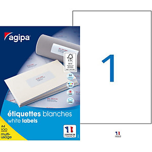 AGIPA Étiquettes adhésives blanches multi-usages, 210 X 297 mm - 100 étiquettes par boîte, 1 étiquette par feuille