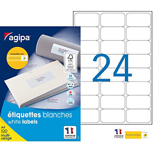 AGIPA Étiquettes adhésives blanches multi-usages, 63,5  x 33,9 mm -  2400 étiquettes par boîte, 24 étiquettes par feuille