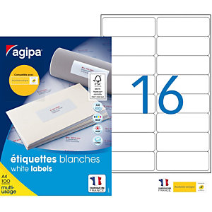 AGIPA Étiquettes adhésives blanches multi-usages, 99,1  x 33,9 mm -  1600 étiquettes par boîte,  16 étiquettes par feuille