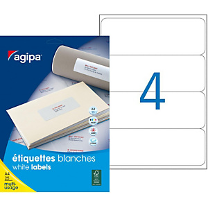 AGIPA Étiquettes pour dos de classeur auto-adhésives multi-usage 190 X 60 mm blanches - Pochette de 100 AGIPA Étiquettes pour dos de classeur auto-adhésives multi-usage 190 X 60 mm blanches - Pochette de 100