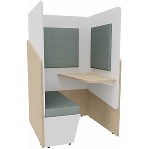 Alcôve cabine de confidentialité acoustique assise banquette CALME Bas Chêne - Haut Blanc - Habillage Vert - Tablette droite Alcôve cabine de confidentialité acoustique assise banquette CALME Bas Chêne - Haut Blanc - Habillage Vert - Tablette droite