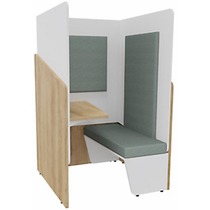 Alcôve cabine de confidentialité acoustique assise banquette CALME Bas Chêne Nebraska - Haut Blanc - Habillage Vert - Tablette gauche Alcôve cabine de confidentialité acoustique assise banquette CALME Bas Chêne Nebraska - Haut Blanc - Habillage Vert - Tablette gauche