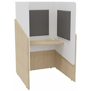 Alcôve cabine de confidentialité acoustique assise CALME Bas Chêne - Haut Blanc - Habillage Gris Alcôve cabine de confidentialité acoustique assise CALME Bas Chêne - Haut Blanc - Habillage Gris
