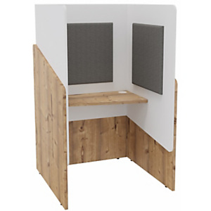 Alcôve cabine de confidentialité acoustique assise CALME Bas Timber - Haut Blanc - Habillage Gris Alcôve cabine de confidentialité acoustique assise CALME Bas Timber - Haut Blanc - Habillage Gris