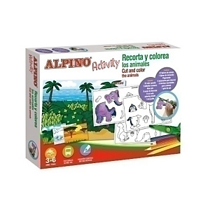 ALPINO Activity Recorta y Colorea los Animales (12 lápices colores + 1 Tijera iniciación + Pegamento + 4 escenarios para decorar + 6 láminas recortables + Guía Uso)