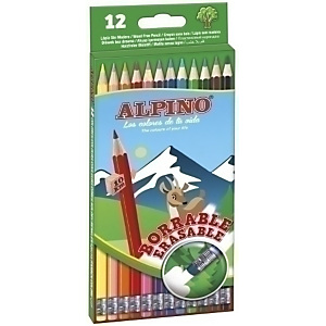 ALPINO Lápices de colores borrables con goma, hexagonal, estuche de 12, colores surtidos