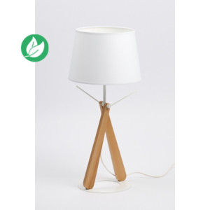 Aluminor Lampe de bureau Zazou - Ampoule Led E27 - 12W - Pied bois hêtre et socle acier laqué - Abat-jour blanc