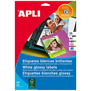 Apli (10065) Etiquetas glossy calidad fotográfica para impresora láser 199,6x289,1 mm.