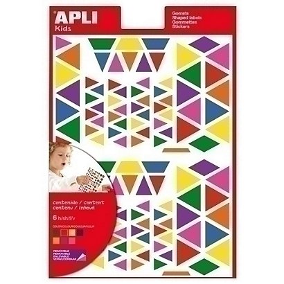 APLI 13239 Gomets, bolsa de 6 hojas, Removibles, Triángilos multicolor, 7 colores surtidos, Amarillo-Azul-Rojo-Verde-Naranja-Violeta-Rosa, 720 uds.