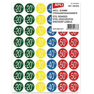 Apli Etiquetas adhesivas de descuentos: 20, 30, 40 y 50% Apli Etiquetas adhesivas de descuentos: 20, 30, 40 y 50%