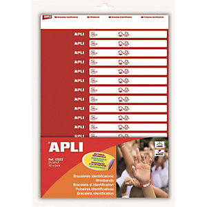 APLI KIDS Boîte de 2 feuilles A4 pour imprimer 32 bracelets d'identification pour enfants APLI KIDS Boîte de 2 feuilles A4 pour imprimer 32 bracelets d'identification pour enfants