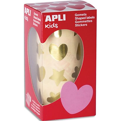 APLI KIDS Boîte de gommettes en rouleau forme cœur, fleurs, larmes et étoiles couleur or