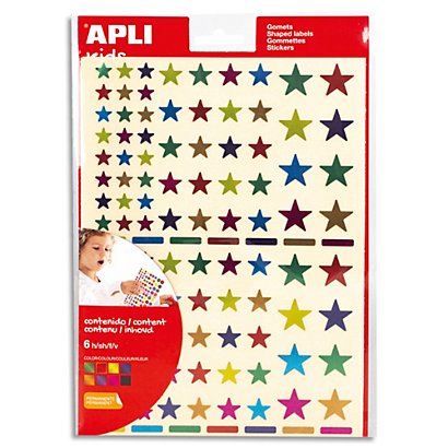 APLI KIDS Pochette de 6 feuilles (624 u) de gommettes forme étoiles couleurs métallisées